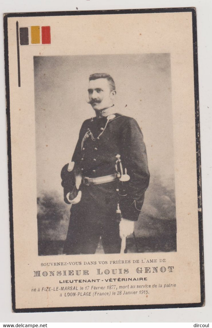 50910  Militaria   Louis Genot  Lieutenant  Vétérinaire  Né  à   Fize  Le  Marsal   1877 -  Image  Pieuse  Format  Carte - Crisnée