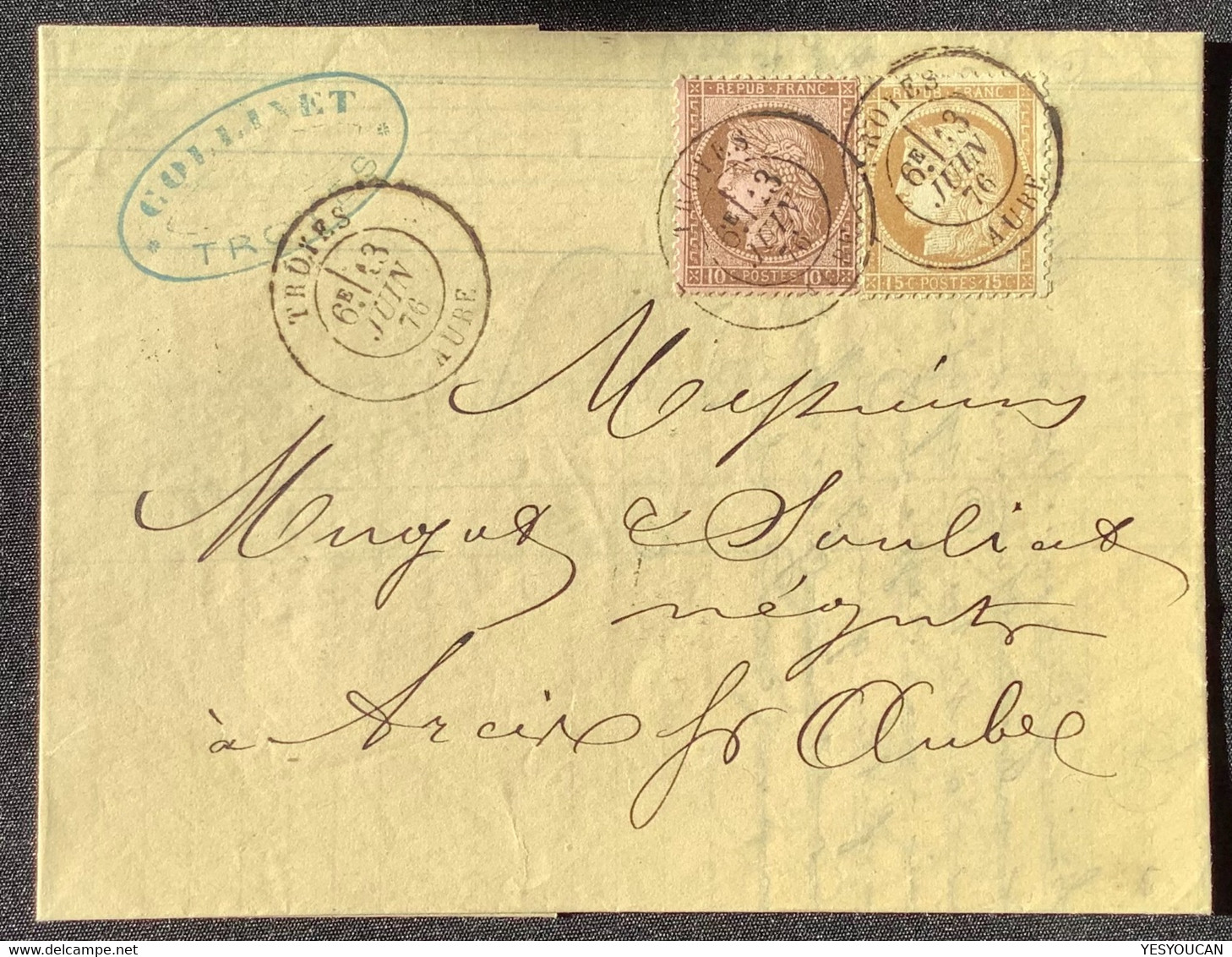 TROYES AUBE 1876 Lettre SUPERBE Affr Cérès #54+55>Arcis-s-Aube (9)   (France Cover COLLINET Laine Coton - 1849-1876: Période Classique