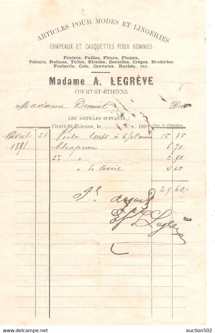 2538PR/ Facture 1891 Madame A. Legrève Articles Pour Modes Et Lingeries Court Saint Etienne - Kleidung & Textil