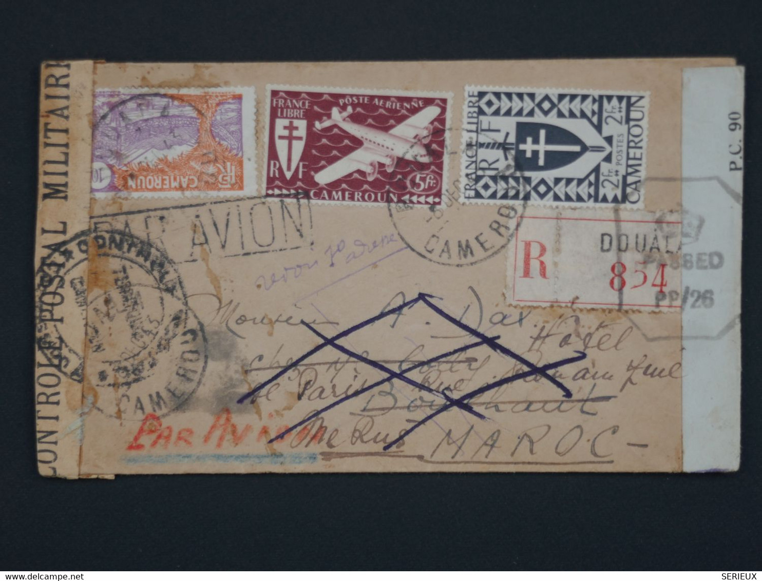 K30 CAMEROUN BELLE  LETTRE  CENSUREE RECOM. RRR  1944  DOUALA  A  MEKNES MAROC  + AFFRANCH. INTERESSANT++ - Brieven En Documenten