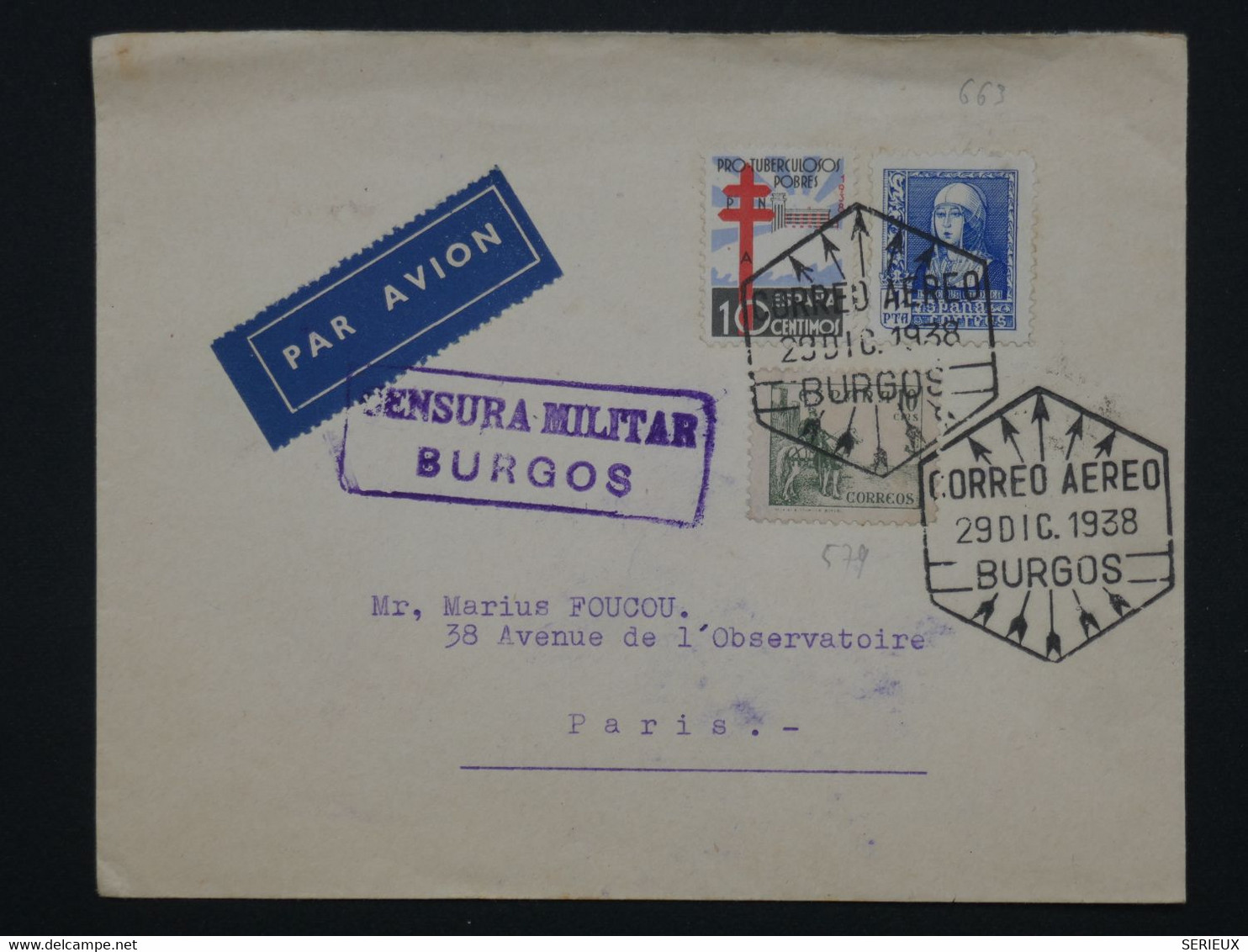 K30 ESPANA  BELLE LETTRE CENSUREE  RR 1938 PAR AVION   BURGOS A PARIS FRANCIA ++ AFFRANCH. PLAISANT++ - Marques De Censures Nationalistes