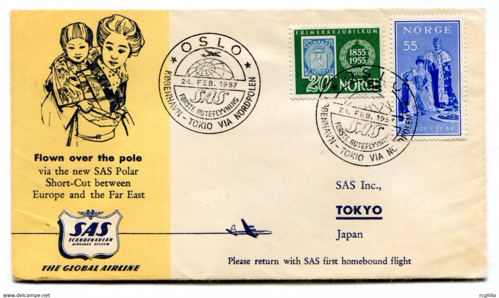 RC 24387 NORVEGE 1957 OSLO - COPENHAGEN - TOKYO JAPON VIA THE NORTH POLE SAS FFC 1er VOL TB - Brieven En Documenten