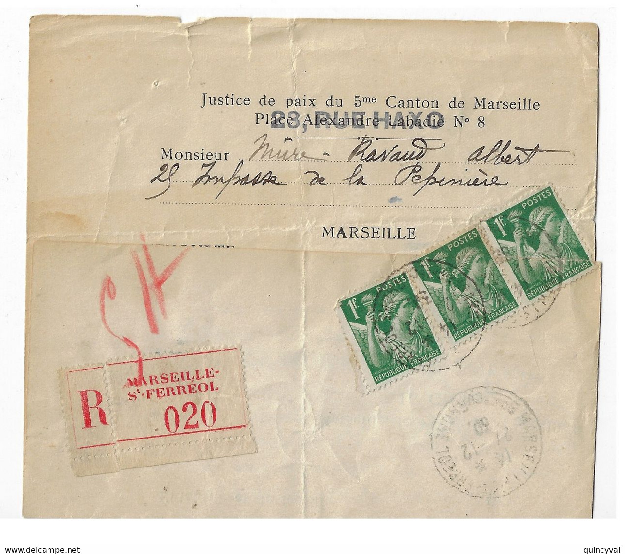 MARSEILLE St Féréol Lettre Recommandée 1F Iris Vert X 3  Yv 432 1 Timbre Coupé Pour L'ouverture Du Pli Ob 27 12 1939 - 1921-1960: Periodo Moderno