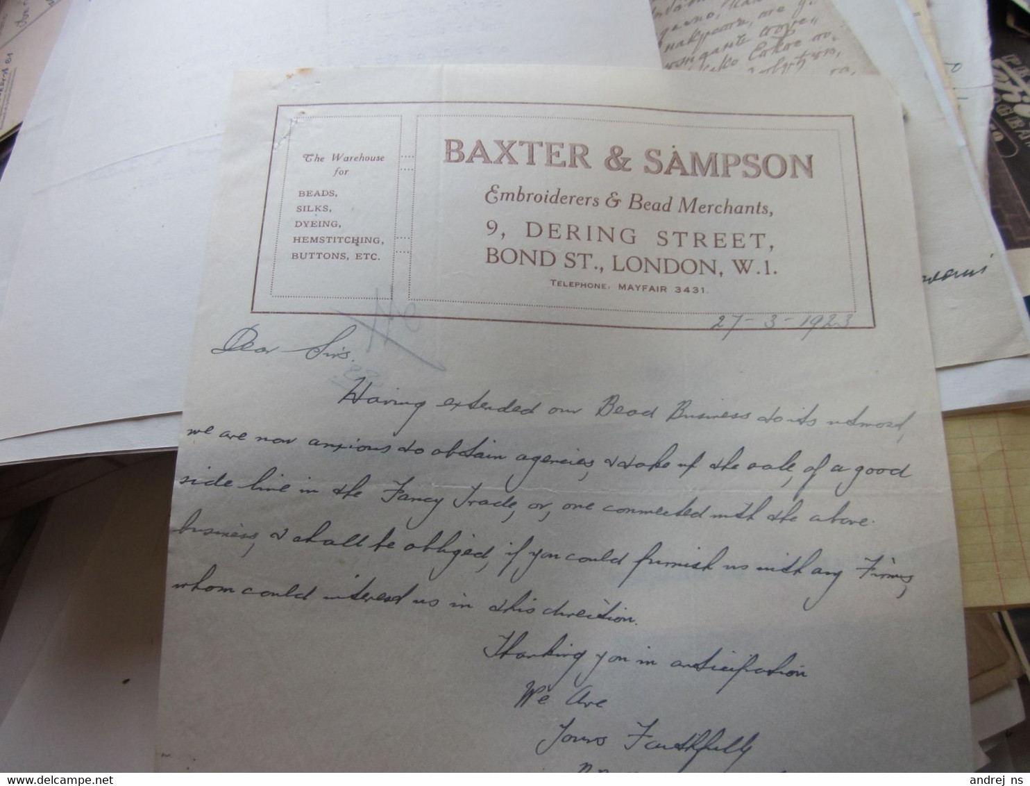 Baxter Sampson Embroiderers Bead Merchants 1923 London - Royaume-Uni