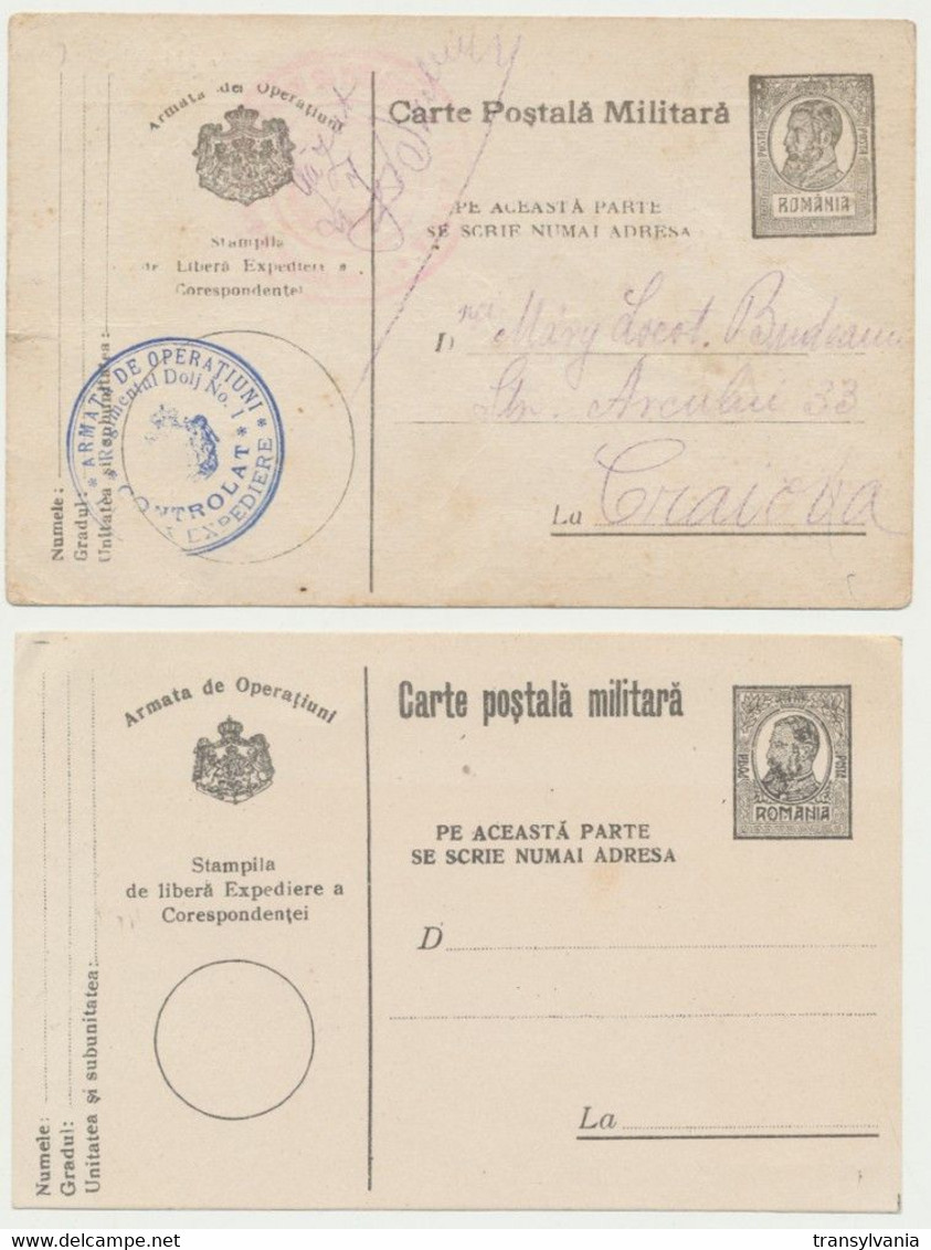 Romania 1916 Two Postal Stationery Cards, One Mint, One Used Censored To Craiova - World War 1 Letters