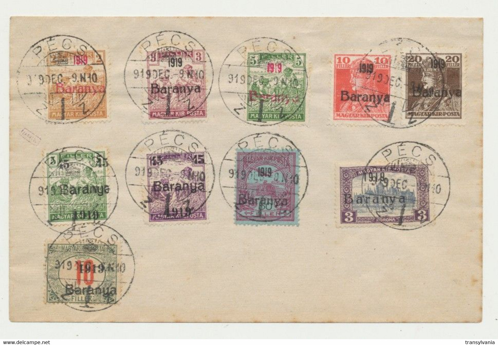 Hungary Serbia Baranya 1919 December - 10 Stamps Cancelled On Cover At Pecs, Turul, Karl, Harvesters - Carné