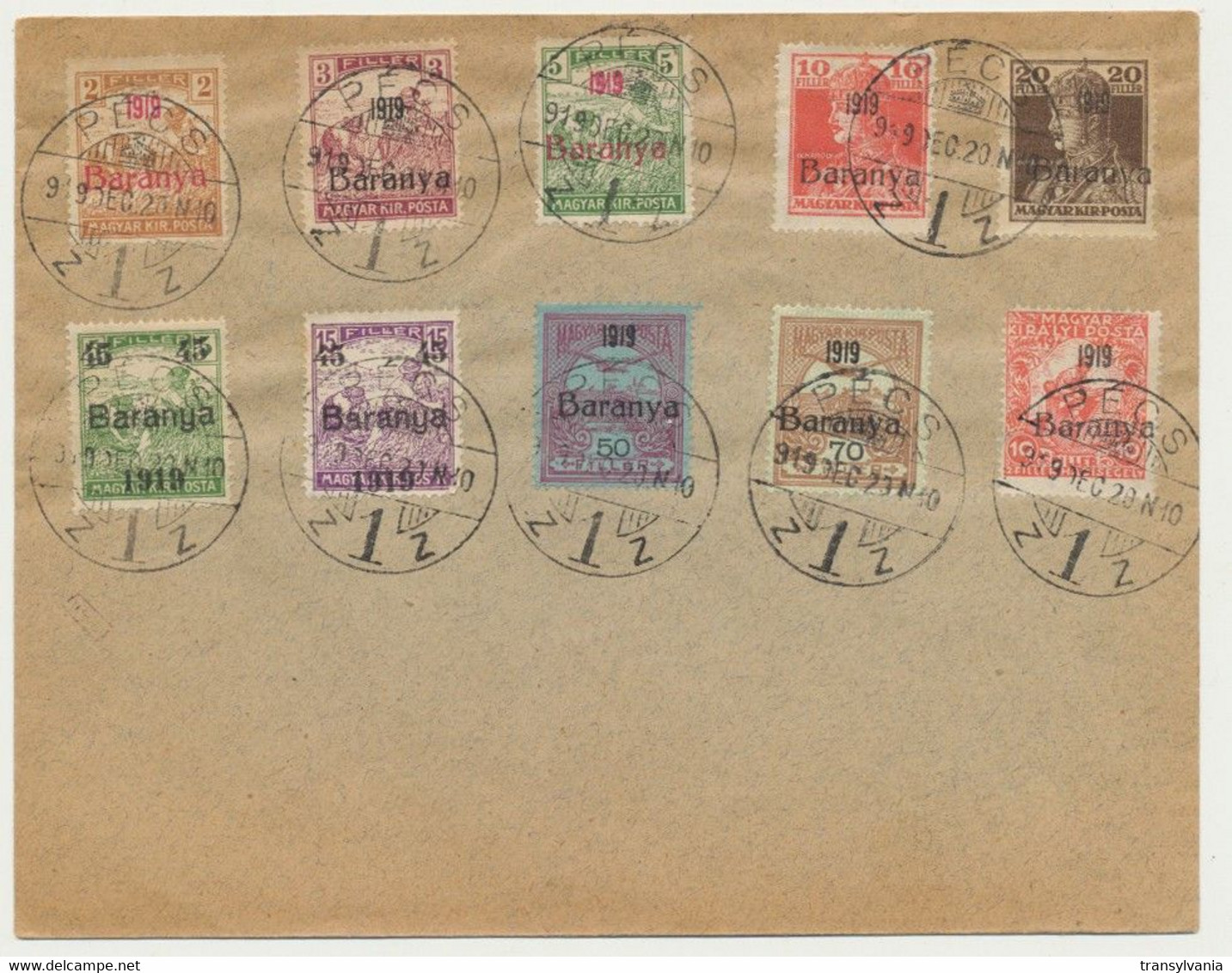 Hungary Serbia Baranya 1919 December - 10 Stamps Cancelled On Cover At Pecs, Turul, Karl, Harvesters, War Relief - Lokale Uitgaven