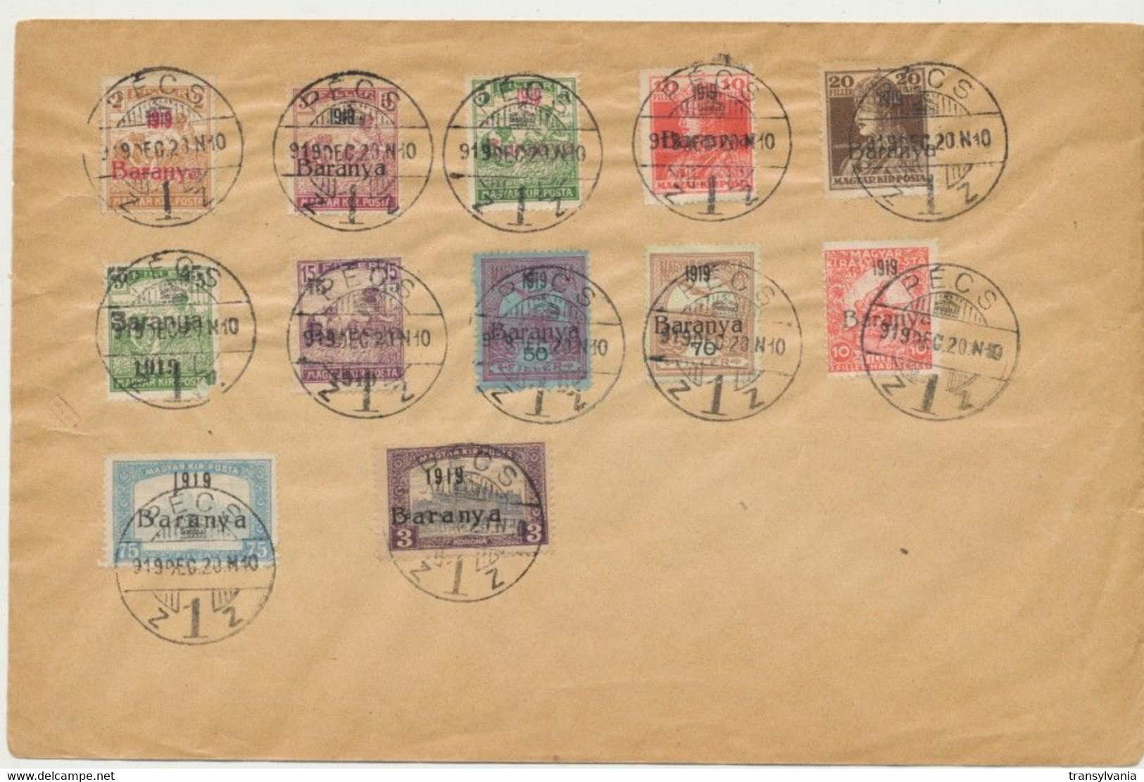 Hungary Serbia Baranya 1919 December - 12 Stamps Cancelled On Cover At Pecs, Turul, Karl, Harvesters, Parliament - Lokale Uitgaven