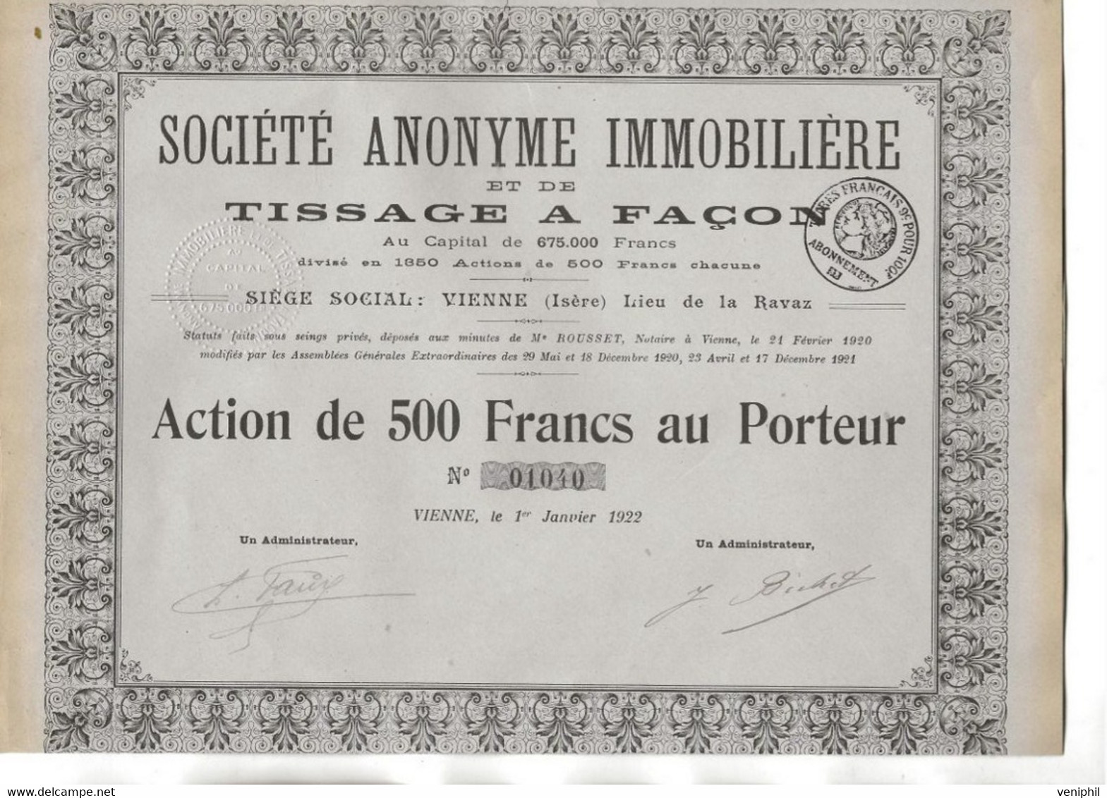 SOCIETE ANONYME IMMOBILIERE ET DE TISSAGE A FACON -VIENNE -ISERE - -ANNEE 1922 - Textil