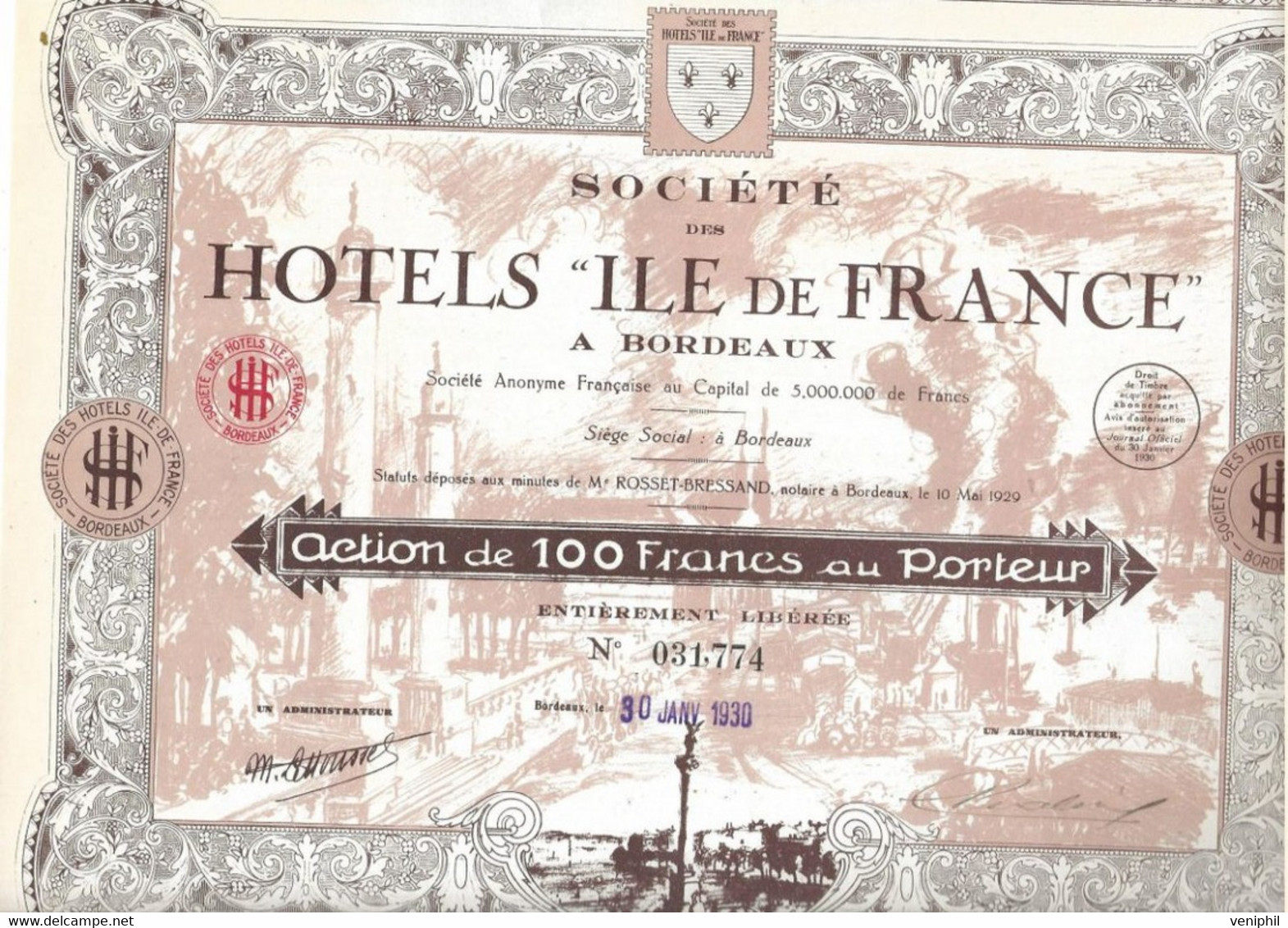 SOCIETE DES HOTELS " ILE DE  FRANCE " A BORDEAUX -ACTION DE 100 FRS -ANNEE 1930 - Textil