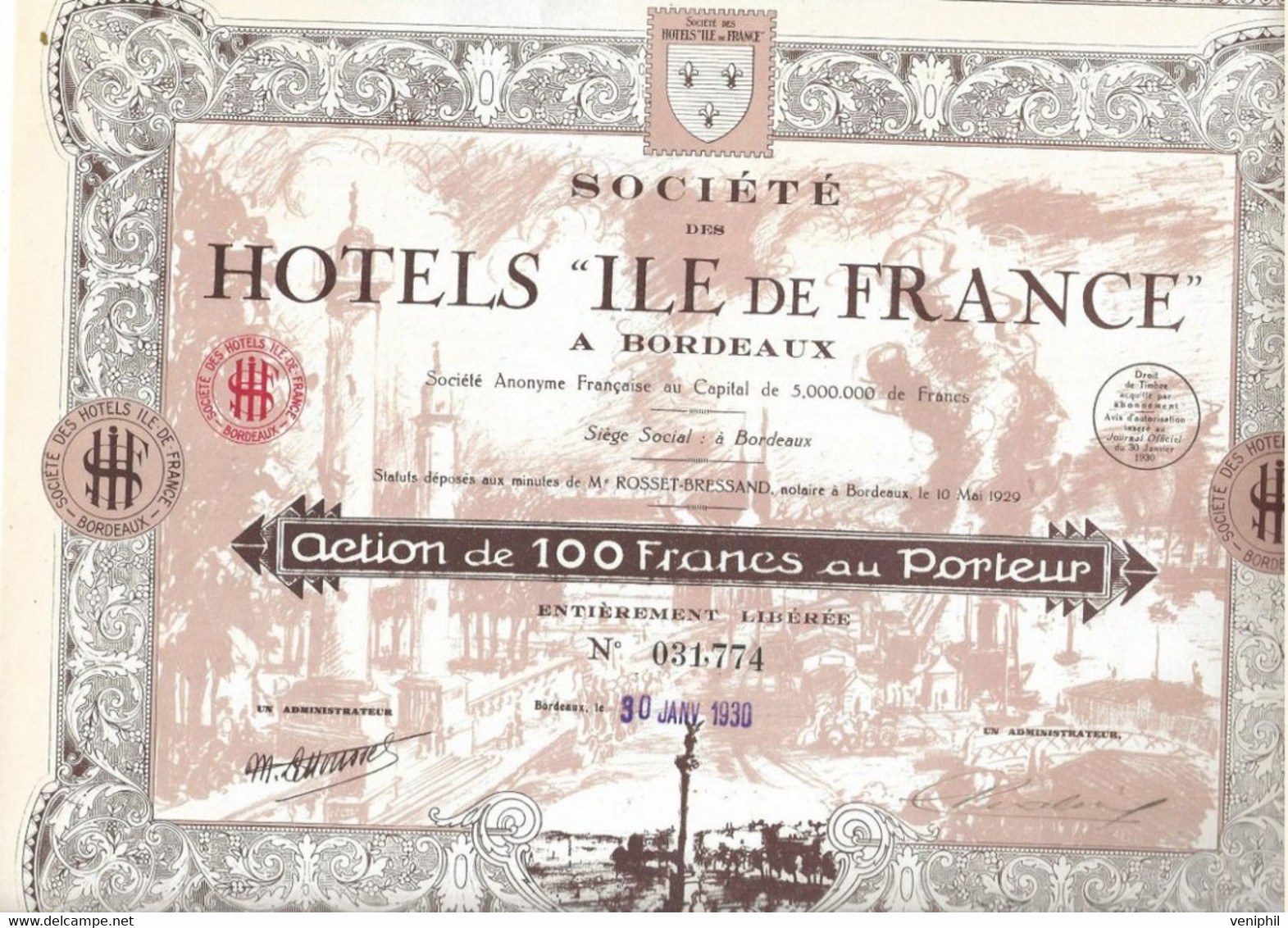 SOCIETE DES HOTELS " ILE DE  FRANCE " A BORDEAUX -ACTION DE 100 FRS -ANNEE 1930 - Textiel