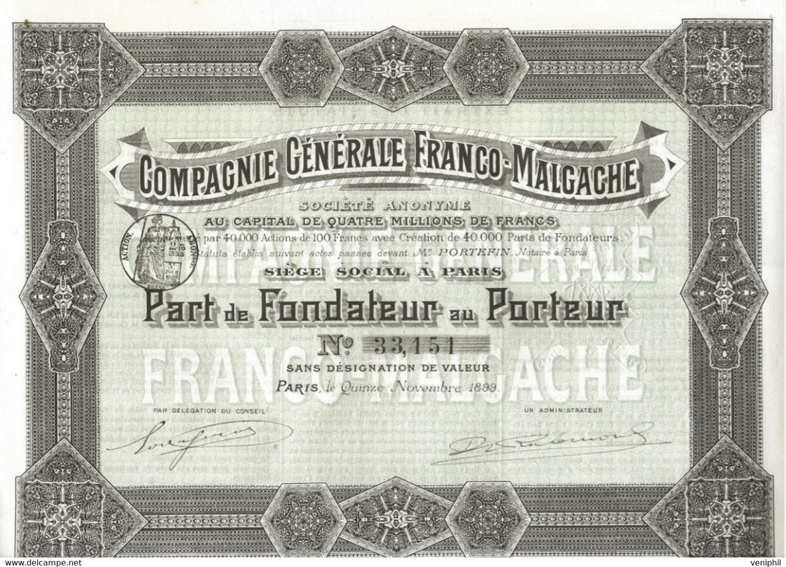 COMPAGNIE GENERALE FRANCO- MALGACHE -- PART DE FONDATEUR  -ANNEE 1899 - Afrique