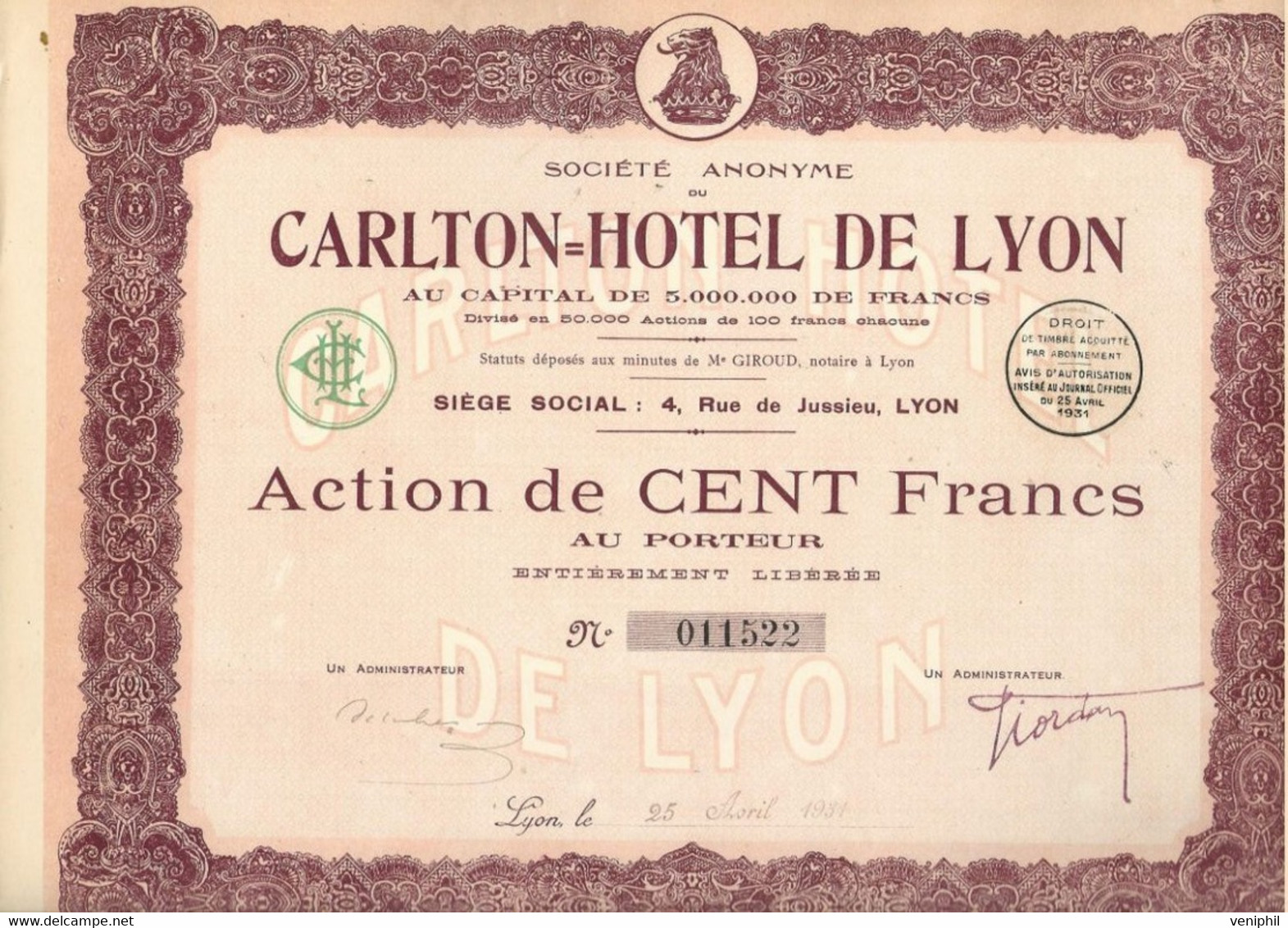 CARLTON-HOTEL DE LYON - ACTION DE CENT FRANCS  -ANNEE 1931 - Toerisme