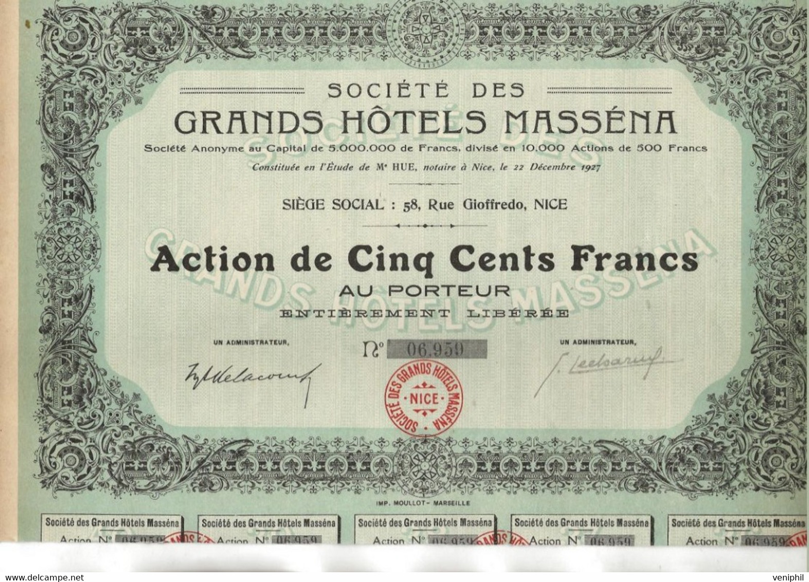 SOCIETE DES GRANDS HOTELS MASSENA - ACTION DE 500 FRS - ANNEE 1927 - Turismo