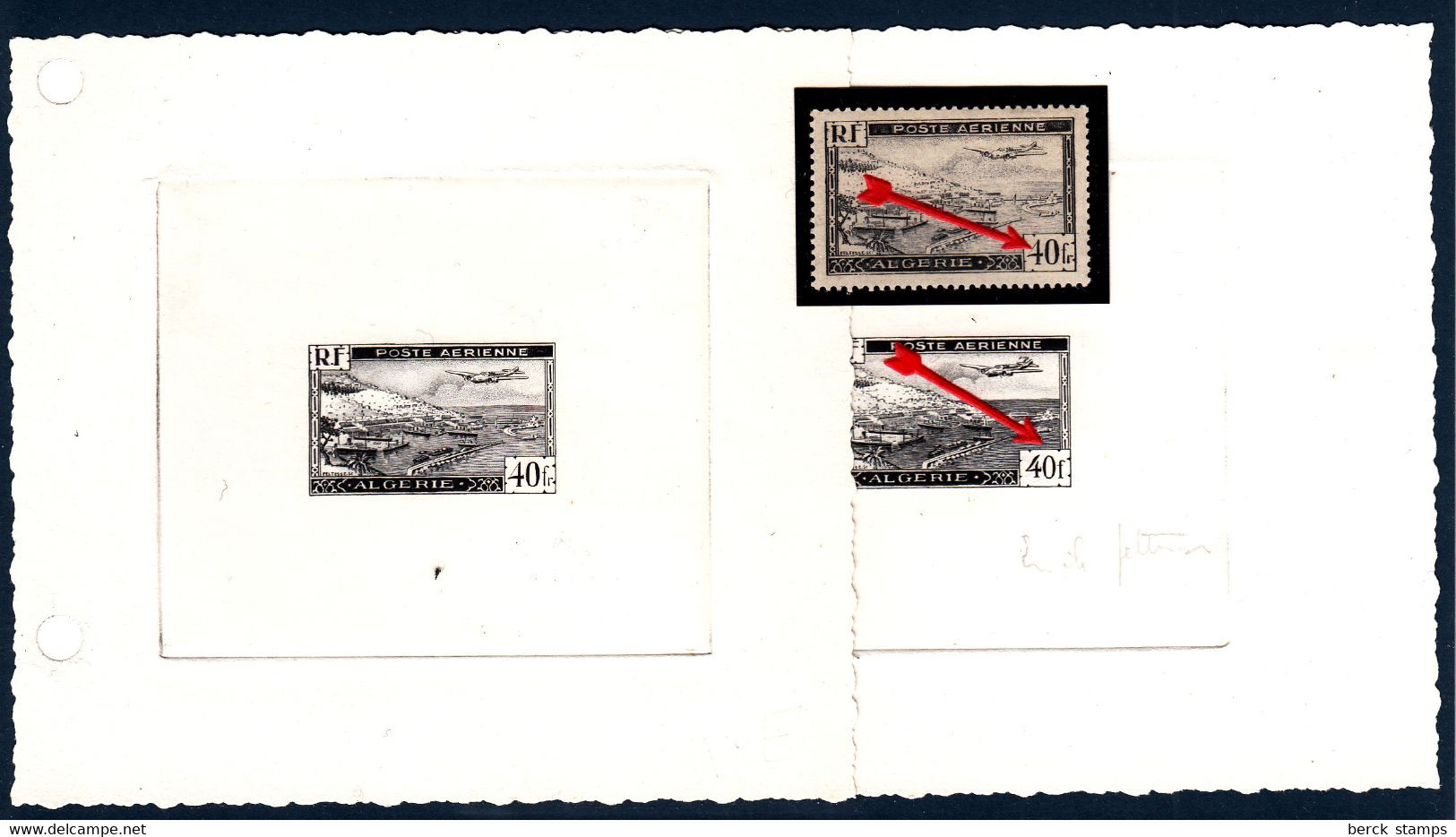 ALGÉRIE - N°PA   6 / 6A - VARIÉTÉ Du 4 F NON EMIS - Vue Aérienne - Rade D'Alger - Epreuves D'artiste Dont Une Signée. - Poste Aérienne