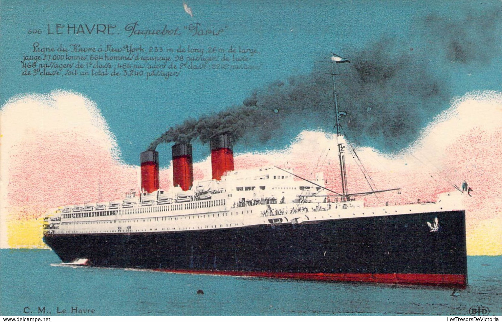 CPA Transport - Bateau - Le Havre - Paquebot Paris - Ligne Du Havre à New York - E. Le Deley - C.M. - Illustr. Colorisée - Steamers