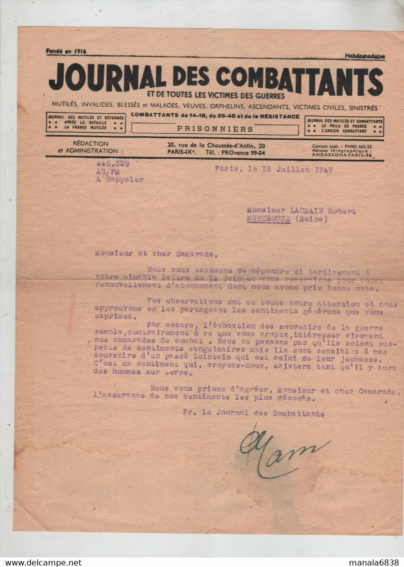 Journal Des Combattants 1947 Laumain Montrouge - 1900 – 1949