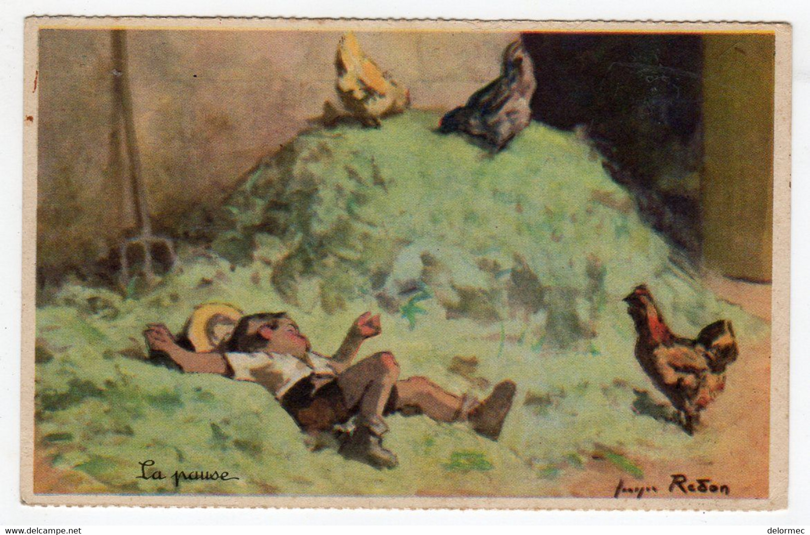 CPSM Illustrée Georges Redon La Pause Garçon Meule De Foin Poules éditeur Comité National Colonie Vacances - Redon