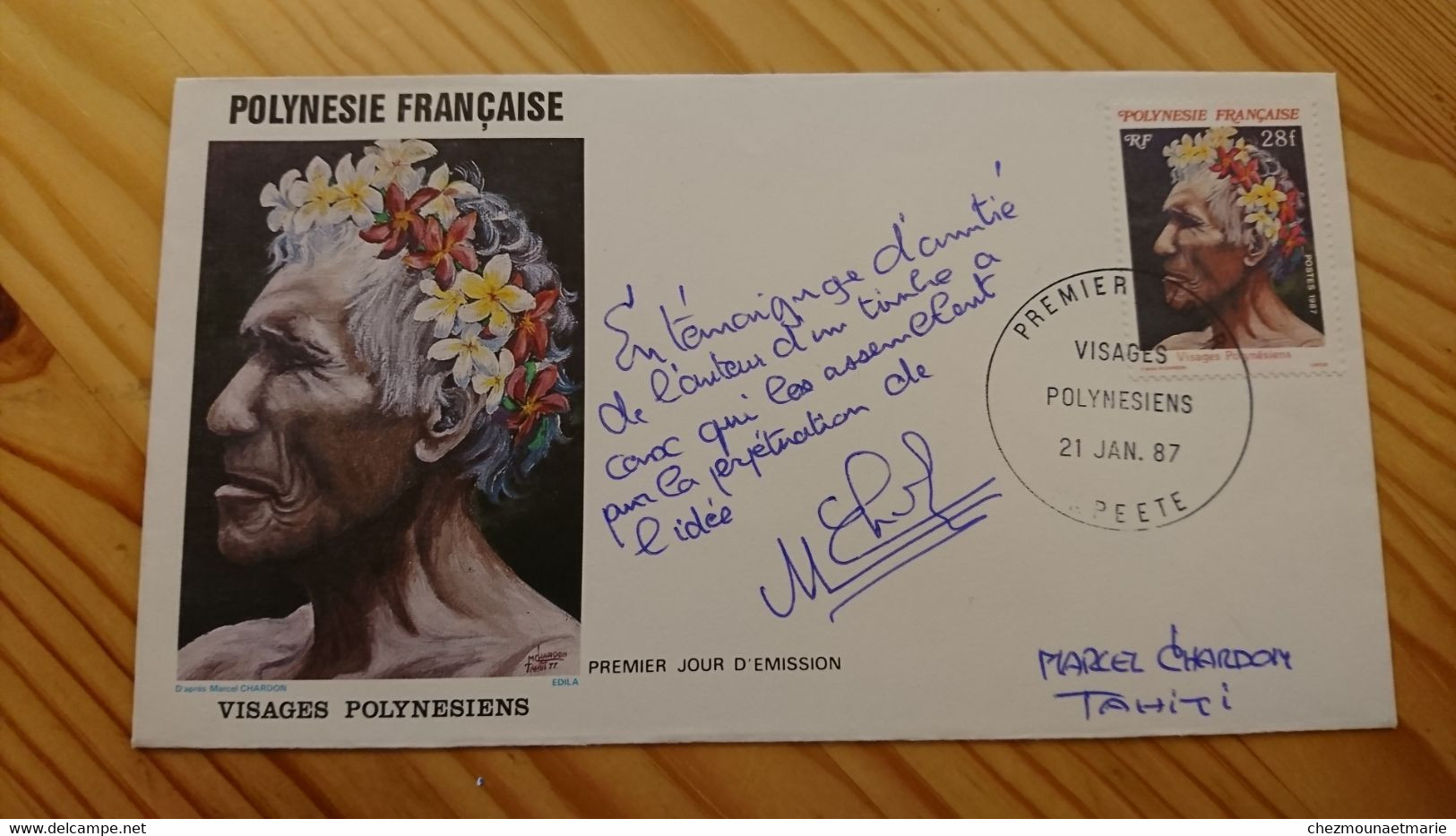 SIGNATURE DE MARCEL CHARDON AUTEUR DU TIMBRE VISAGES POLYNESIENS PREMIER JOUR FDC POLYNESIE - AUTOGRAPHE - Autres & Non Classés