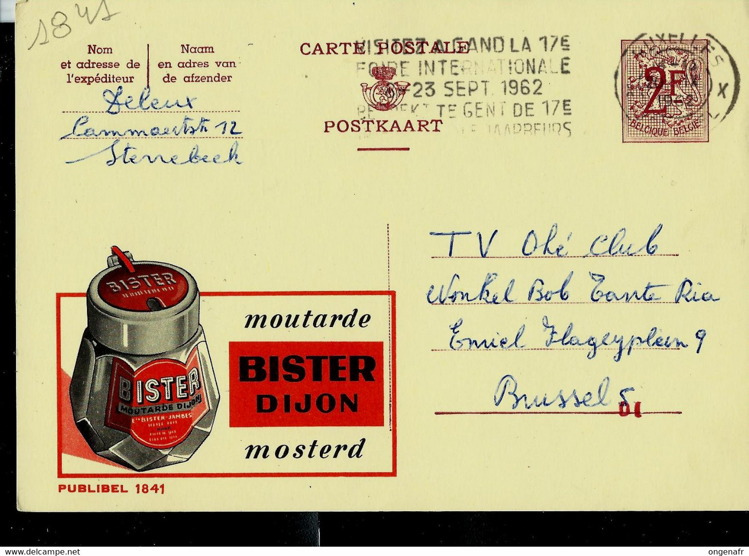 Publibel Obl. N° 1841 ( Moutarde BISTER - Dijon) Obl. BXL 1962 - Werbepostkarten