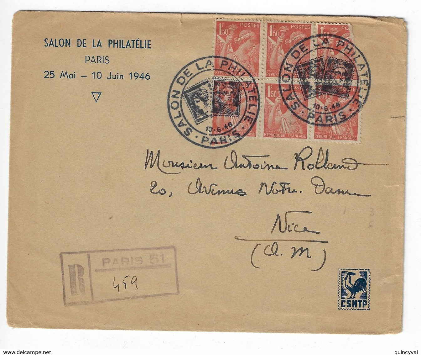 PARIS SALON DE LA PHILATELIE CSNTP 1946 Lettre Recommandée Grille Pas Etiquette Bureau Temporaire 1,50 F Iris Yv 652 - Commemorative Postmarks