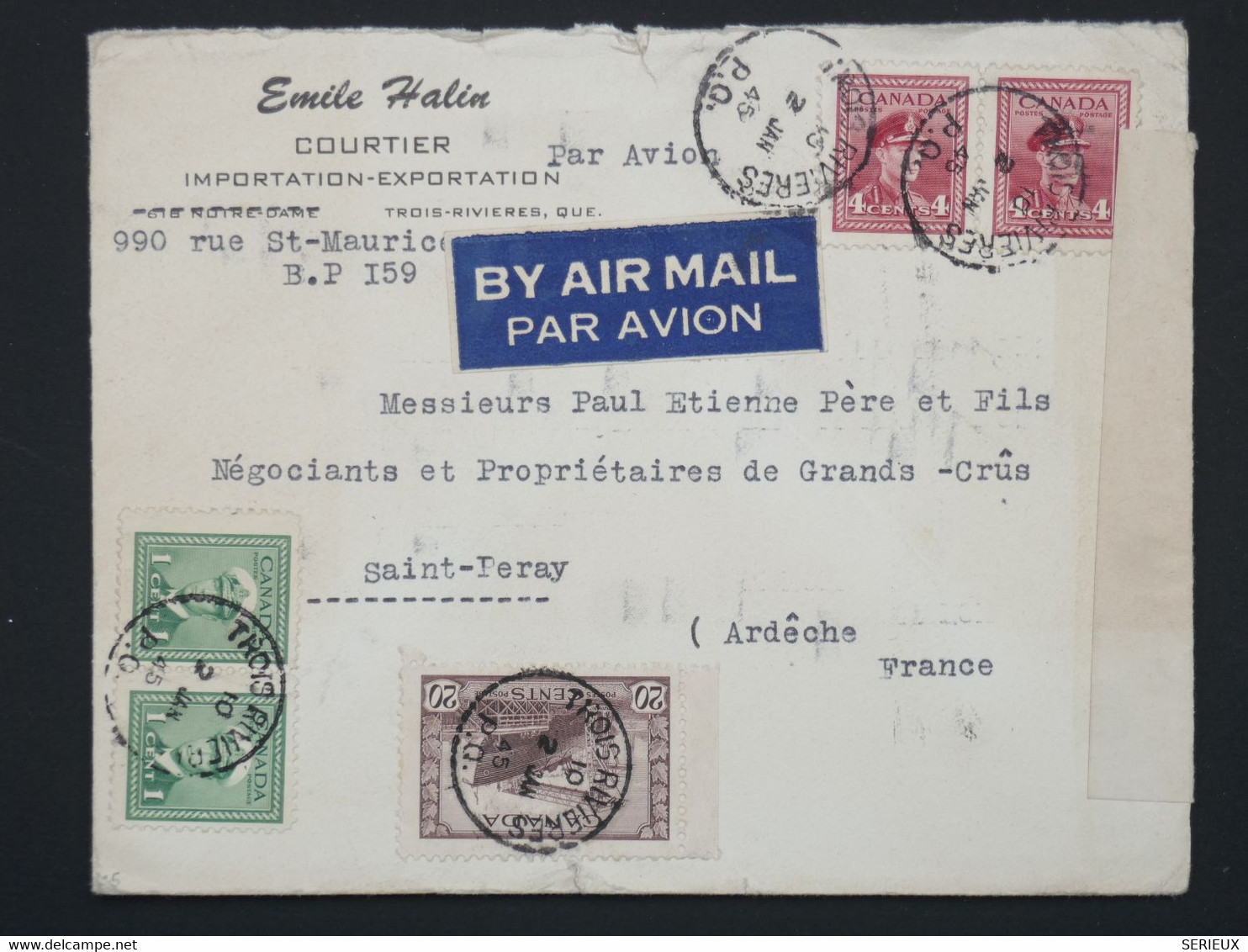 K30 CANADA   BELLE LETTRE  CENSUREE  1945  TROIS RIVIERES  A ST FERAY +PAIRE DE TP++ AFFRANCH. INTERESSANT++ - Storia Postale