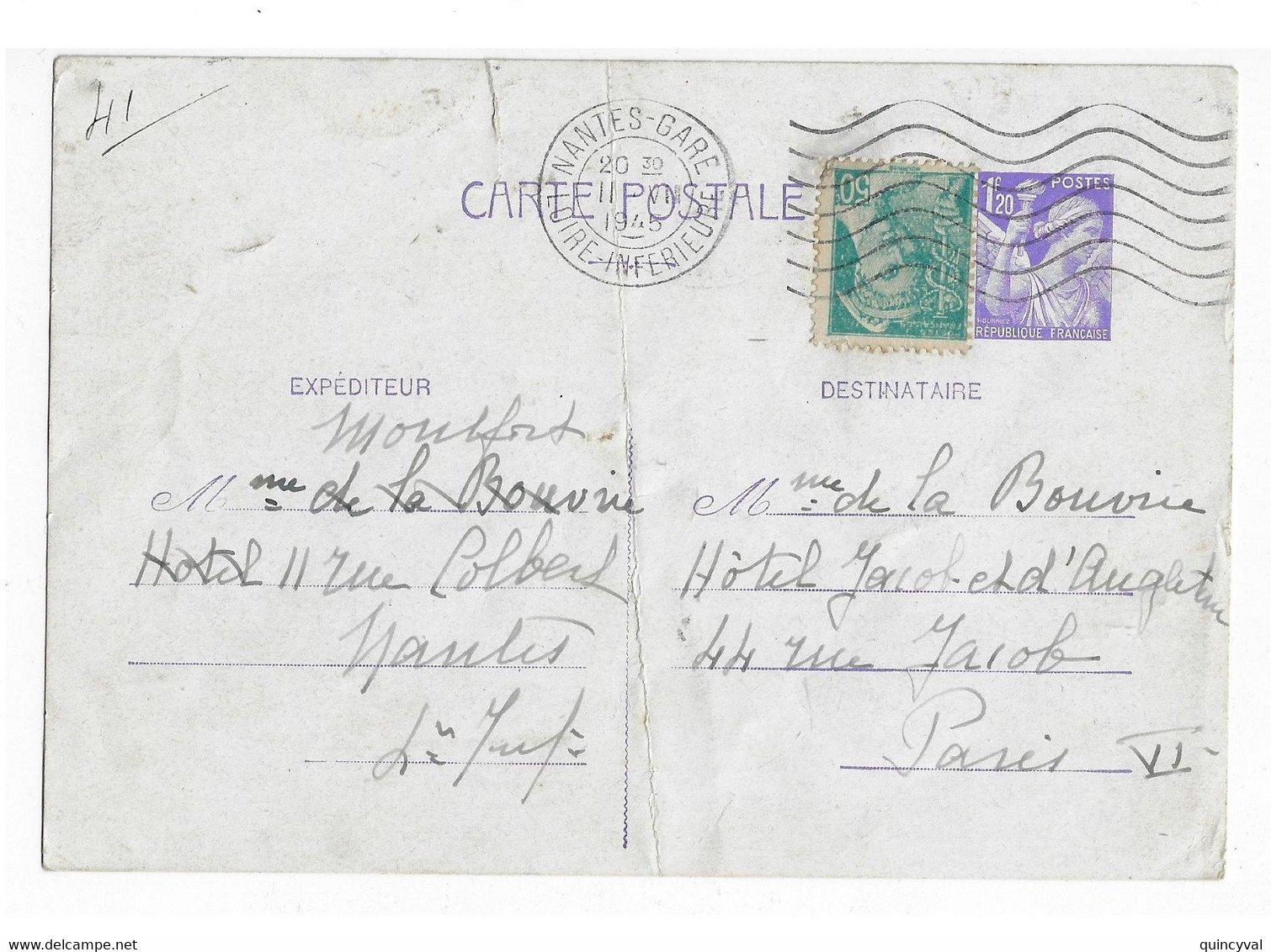 NANTES GARE Loire Inférieure Carte Postale Entier 1,20 Iris Violet Complément TP 50c Mercure Yv 549 651-CP1 Ob 1945 - Standard Postcards & Stamped On Demand (before 1995)