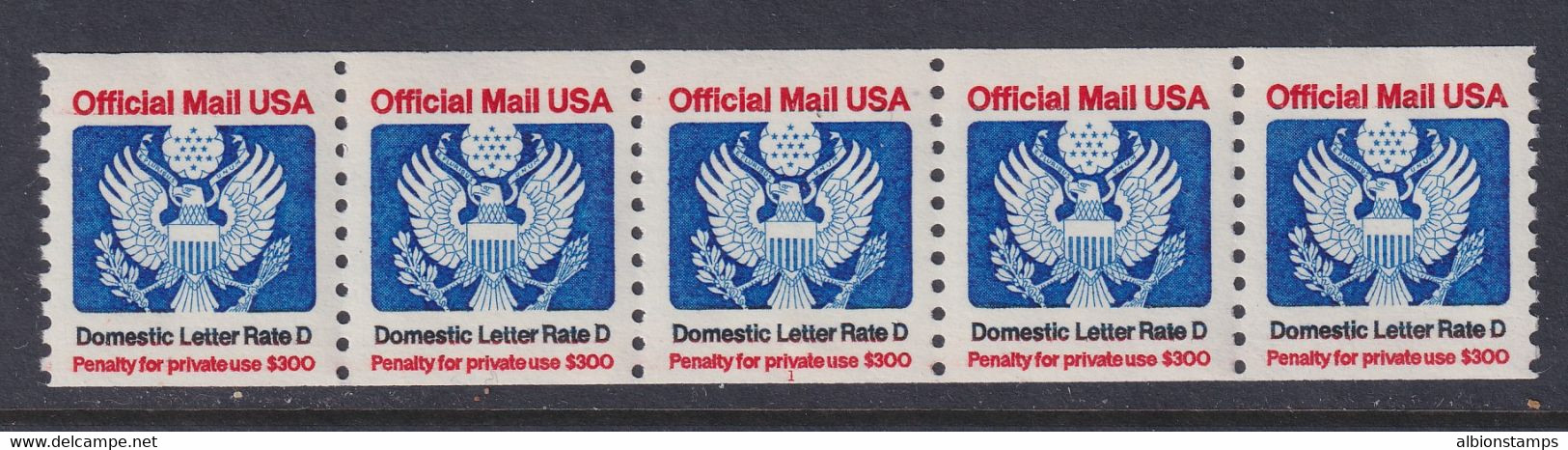 United States, Scott O139, MNH Plate Number 1 Strip Of Five - Dienstmarken