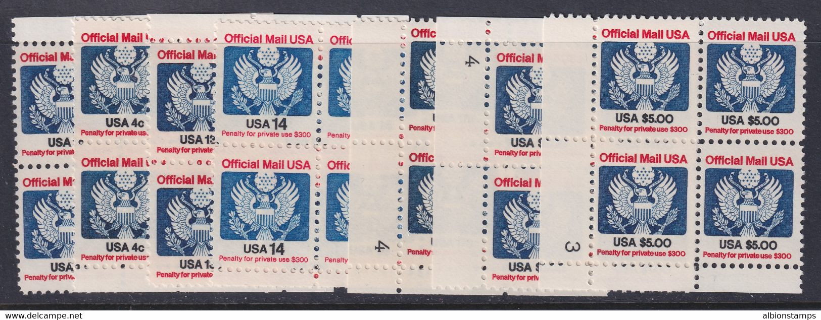 United States, Scott O127-O133, MNH Plate/zip Blocks Of Four - Servizio