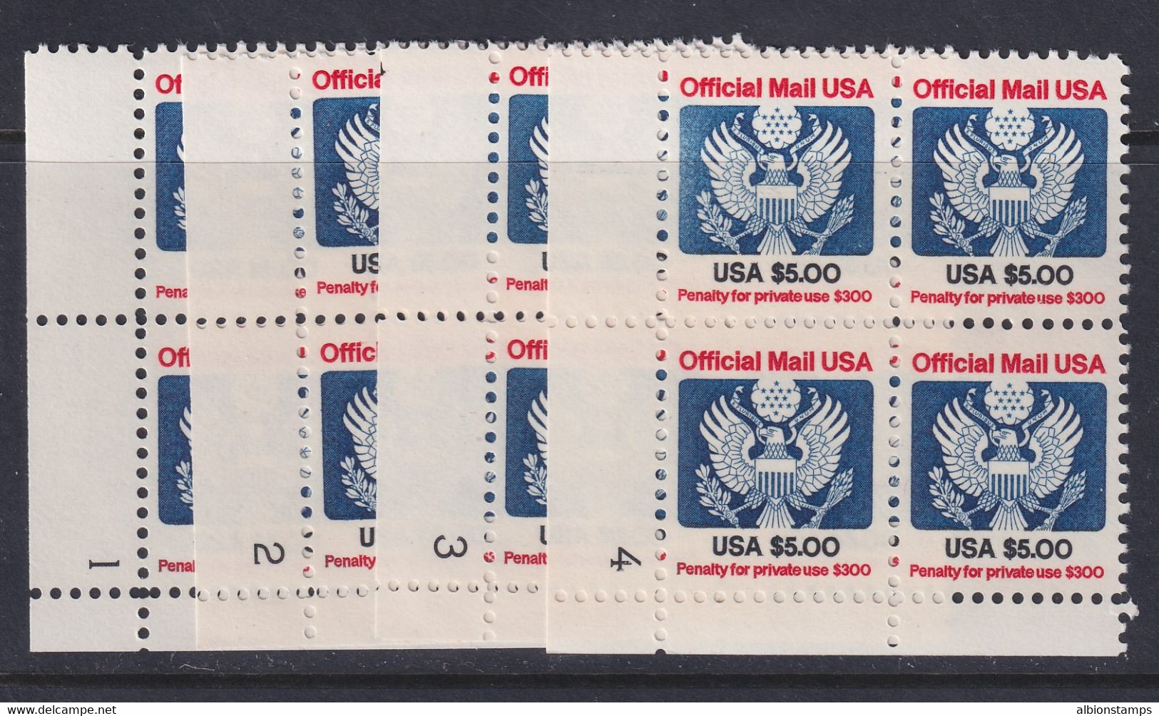 United States, Scott O133, MNH Plate No. 1-4 Blocks Of Four (#3 Lightly Hinged) - Servizio