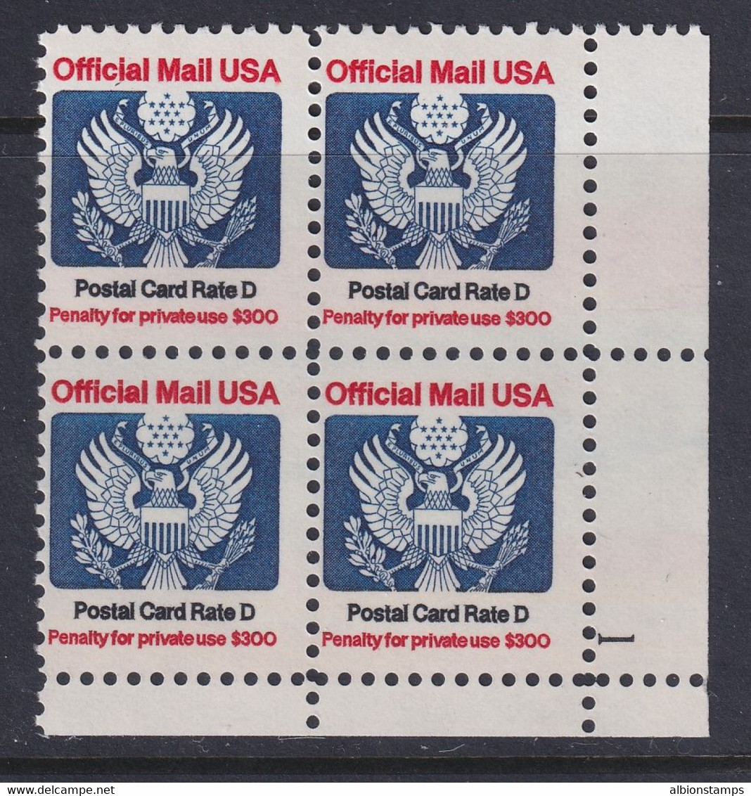 United States, Scott O138, MNH Plate No. 1 Block Of Four - Officials