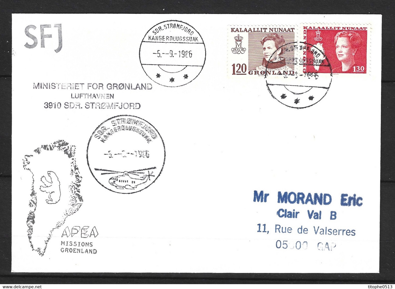 Enveloppe Polaire Du Groenland De 1986. APEA Missions Groenland/SDR. Stromfjord/Hélicoptère.. - Programmes Scientifiques