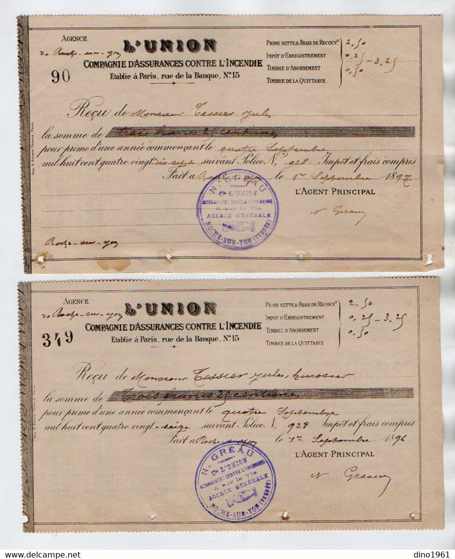 VP20.983 - 1896 / 97 - 2 Reçus De La Cie D'Assurances ¨ L'UNION ¨ à PARIS , Agence De LA ROCHE - SUR - YON - Banco & Caja De Ahorros