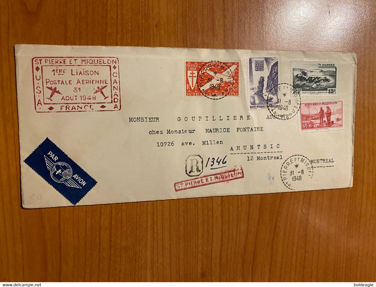 LETTRE SAINT PIERRE ET MIQUELON R 1948 1ere LIAISON POSTALE AÉRIENNE POUR LE CANADA - Covers & Documents