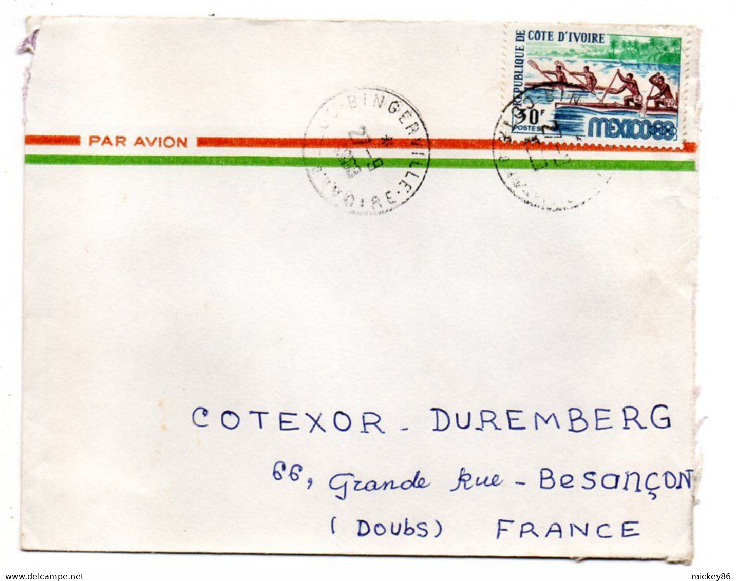 Côte D'Ivoire -1968 - Lettre BINGERVILLE  Pour Besançon-25--tp J.O Mexico (canoe)   Seul Sur Lettre....cachet.. - Ivory Coast (1960-...)