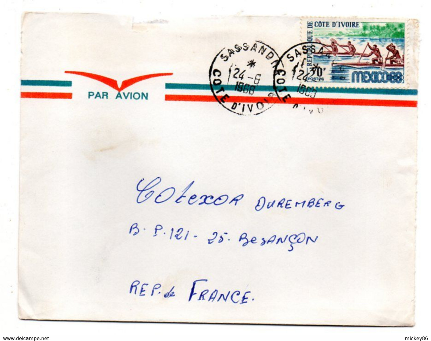 Côte D'Ivoire -1968 - Lettre SASSANDRA  Pour Besançon-25--tp J.O Mexico (canoe)   Seul Sur Lettre....cachet.. - Costa D'Avorio (1960-...)