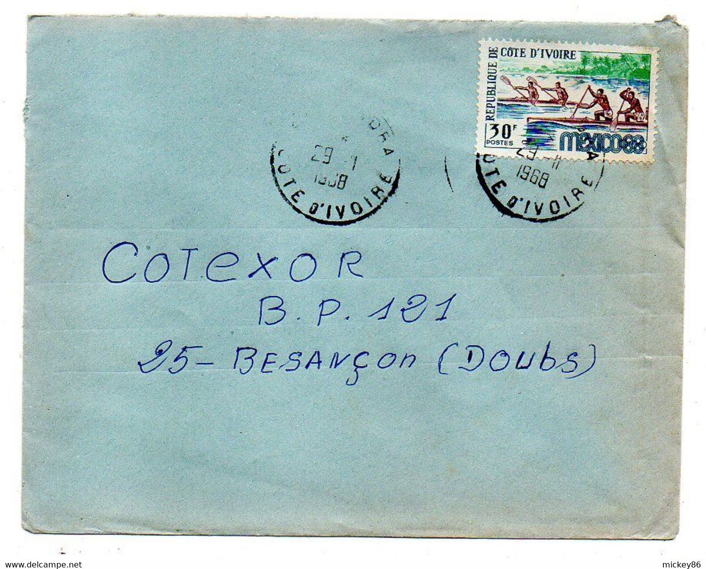 Côte D'Ivoire -1968 - Lettre SASSANDRA  Pour Besançon-25--tp J.O Mexico (canoe)   Seul Sur Lettre....cachet.. - Costa D'Avorio (1960-...)