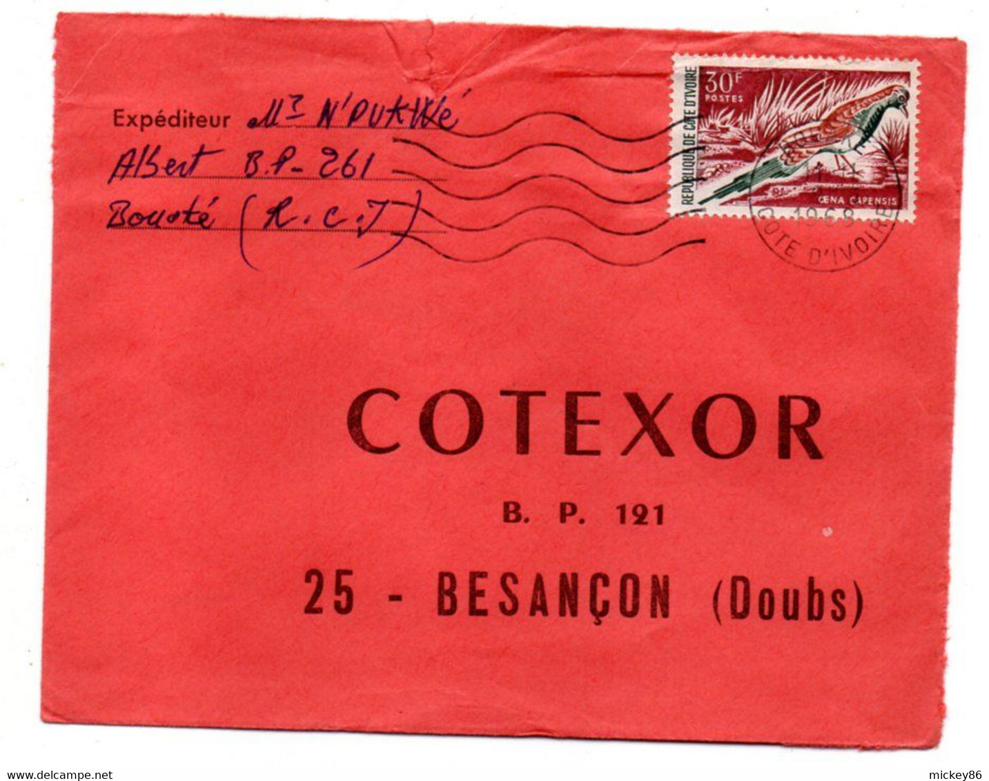 Côte D'Ivoire -1968 - Lettre BOUAKE  Pour Besançon-25--tp Oiseau  Seul Sur Lettre....cachet.. - Ivory Coast (1960-...)