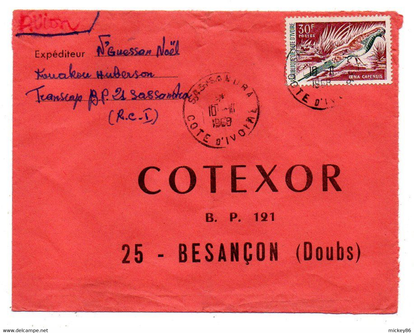 Côte D'Ivoire -1968 - Lettre SASSANDRA  Pour Besançon-25--tp Oiseau   Seul Sur Lettre....cachet.. - Côte D'Ivoire (1960-...)