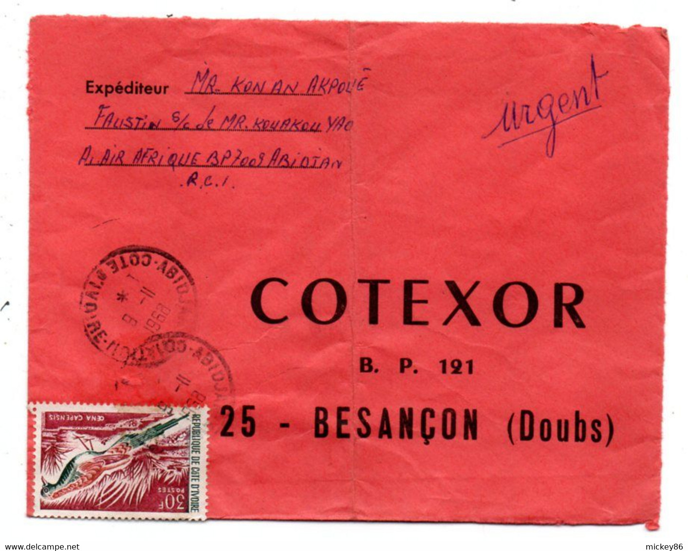 Côte D'Ivoire -1968 - Lettre ABIDJAN AVIATION   Pour Besançon-25--tp  Oiseau   Seul Sur Lettre....cachet.. - Côte D'Ivoire (1960-...)