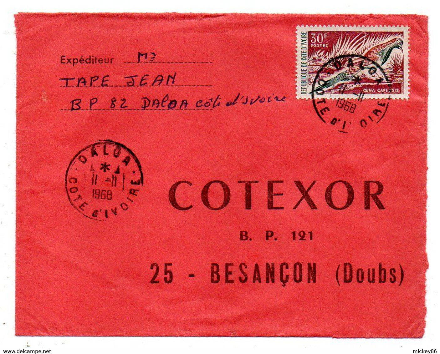 Côte D'Ivoire -1968 - Lettre  DALOA   Pour Besançon-25--tp  Oiseau   Seul Sur Lettre....cachet. - Costa De Marfil (1960-...)