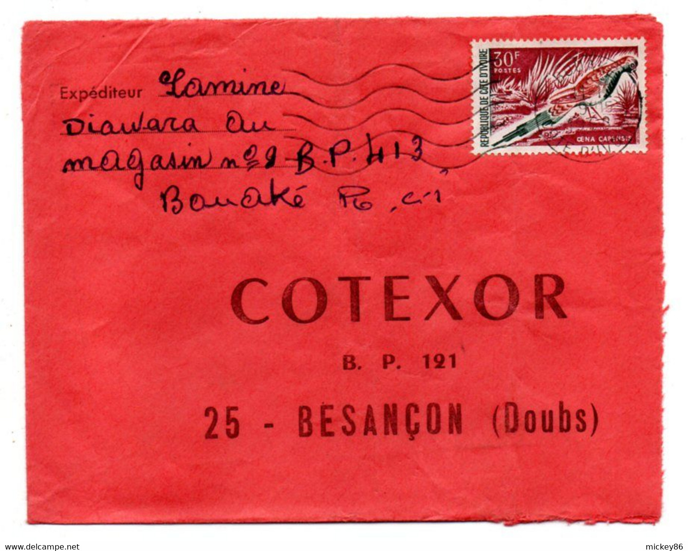 Côte D'Ivoire -1968 - Lettre  BOUAKE   Pour Besançon-25--tp  Oiseau   Seul Sur Lettre....cachet. - Côte D'Ivoire (1960-...)