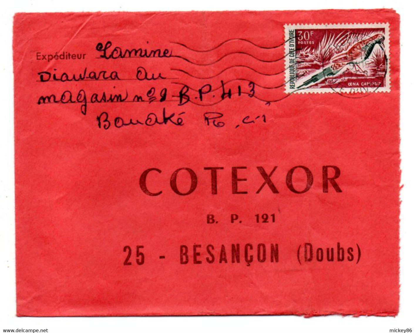 Côte D'Ivoire -1968 - Lettre  BOUAKE   Pour Besançon-25--tp  Oiseau   Seul Sur Lettre....cachet. - Ivoorkust (1960-...)