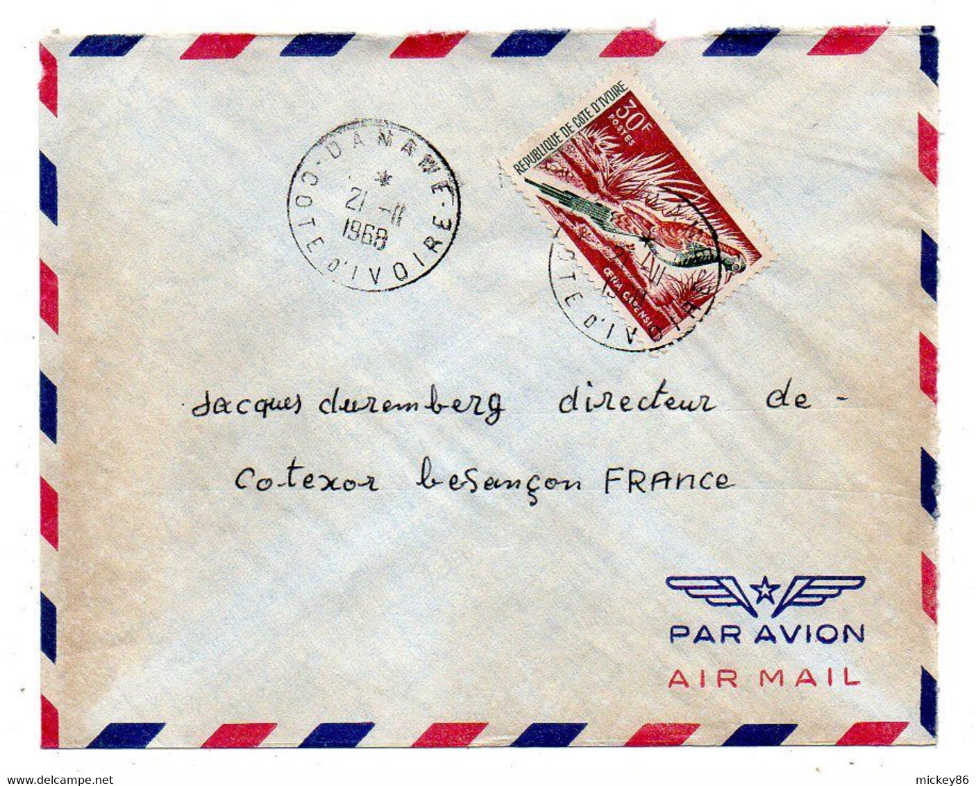 Côte D'Ivoire -1968 - Lettre  DANANE   Pour Besançon-25--tp  Oiseau   Seul Sur Lettre....cachet. - Costa De Marfil (1960-...)