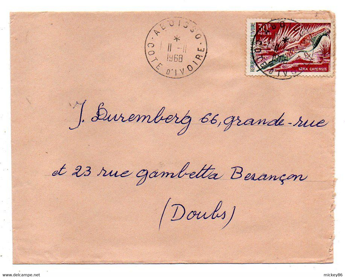 Côte D'Ivoire -1968 - Lettre  ABOISSO  Pour Besançon-25--tp  Oiseau   Seul Sur Lettre....cachet. - Ivoorkust (1960-...)