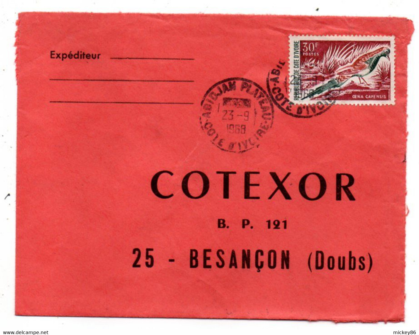 Côte D'Ivoire -1968 - Lettre  ABIDJAN  PLATEAU   Pour Besançon-25--tp  Oiseau   Seul Sur Lettre....cachet. - Costa D'Avorio (1960-...)
