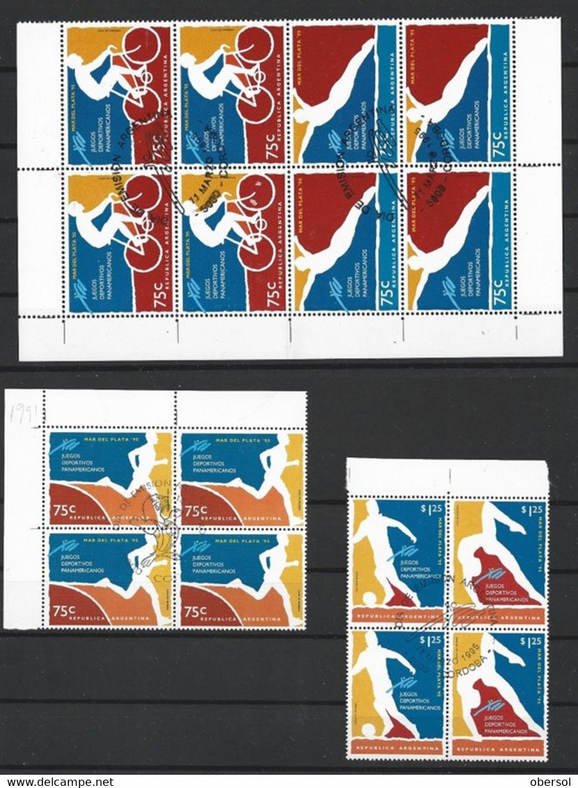 Argentina 1995 Panamerican Games Mar Del Plata Sports First Day Issue CTO Cordoba Postmark Blocks Of Four - Gebraucht