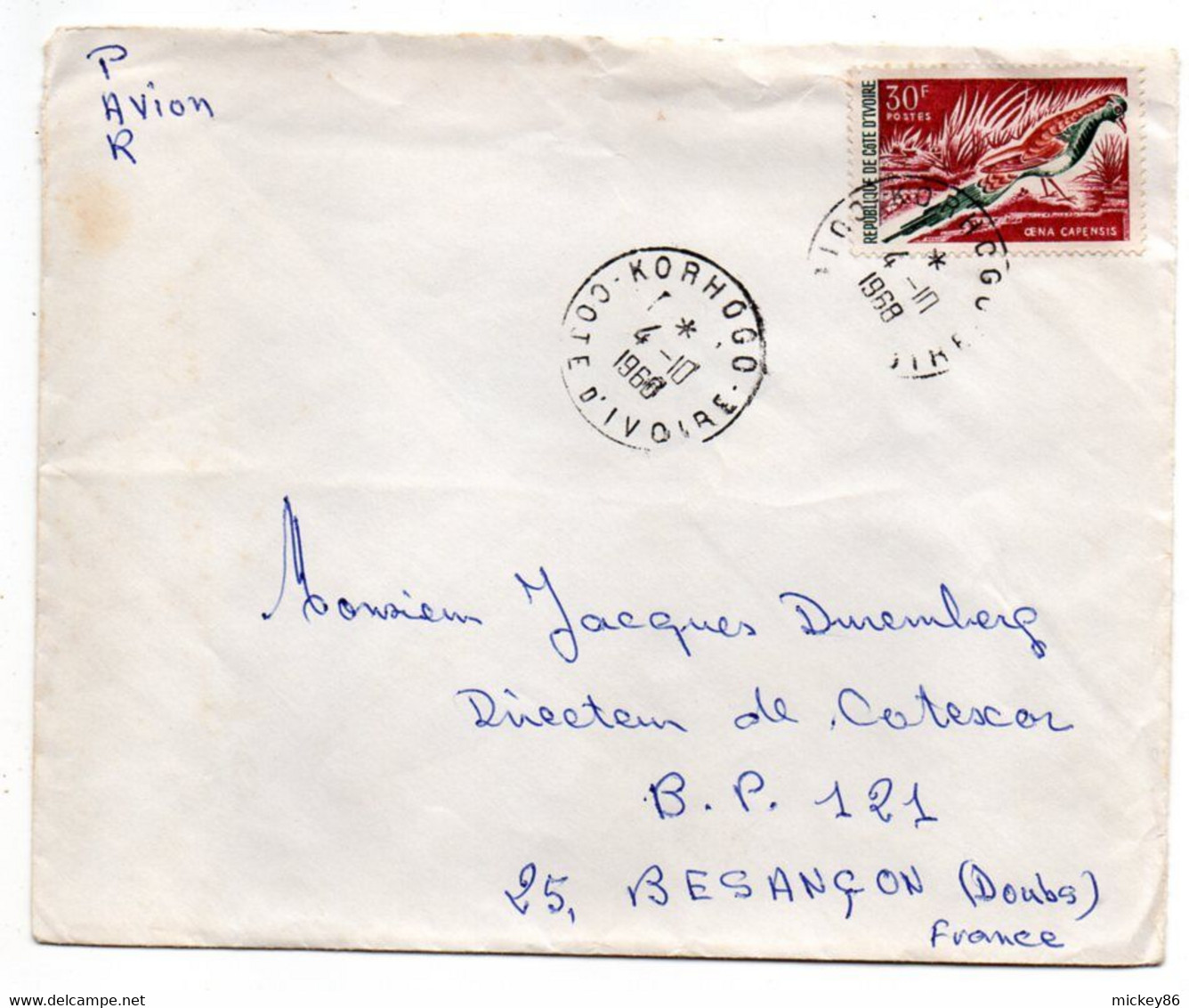 Côte D'Ivoire -1968 - Lettre  KORHOGO   Pour Besançon-25--tp  Oiseau   Seul Sur Lettre....cachet. - Ivory Coast (1960-...)