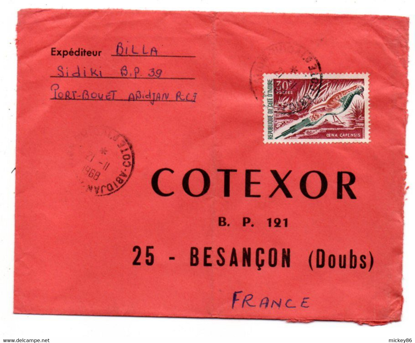 Côte D'Ivoire -1968 - Lettre  ABIDJAN   Pour Besançon-25--tp  Oiseau   Seul Sur Lettre....cachet. - Costa De Marfil (1960-...)