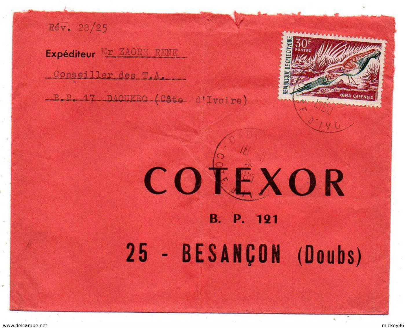 Côte D'Ivoire -1968 - Lettre  DAOUKRO   Pour Besançon-25--tp  Oiseau   Seul Sur Lettre....cachet. - Côte D'Ivoire (1960-...)